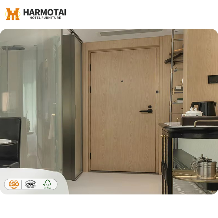 Hotel Guest Room Wood Door with Light Wood Grain Finish - Complements Modern Minimalist Hotel Spaces