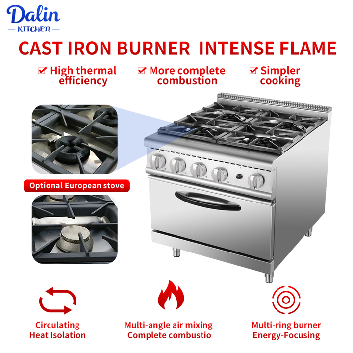 Smart Automatic 4 Burner Gas Stove North American Design Gas Burner Oven Combination Kitchen Equipment for Restaurants