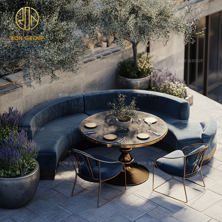 High-end Customized Outdoor Patio Restaurant Furniture Round Table Chair Velvet Sectional Booth Seating Garden Sofa Sets