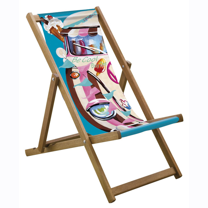 Portable Picture-Printed Wooden Deck Chair Garden Beach Seaside Stripe Recliner for Sunny Beach Days