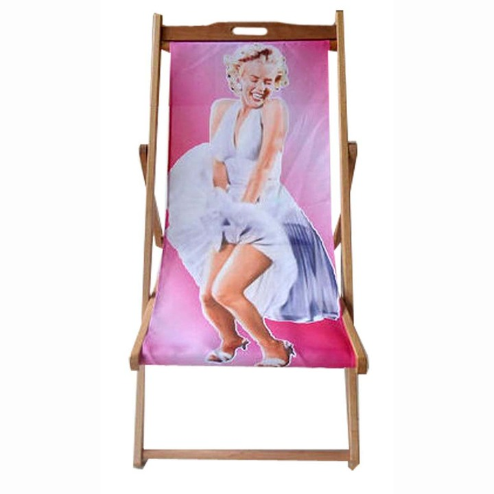 Portable Picture-Printed Wooden Deck Chair Garden Beach Seaside Stripe Recliner for Sunny Beach Days