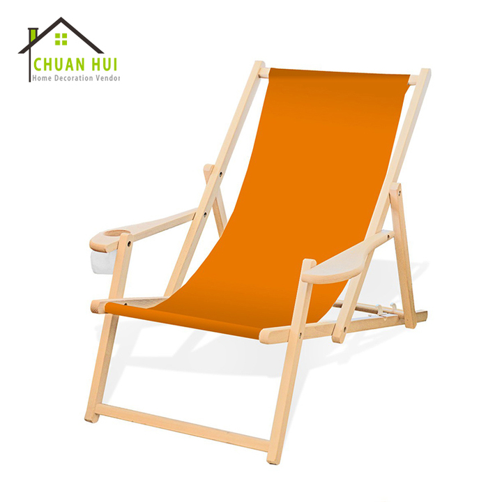 Customized Logo New Design Portable Garden Wood Deck Chair with Cup Holder Inexpensive Patio Beach Beer Party Sale