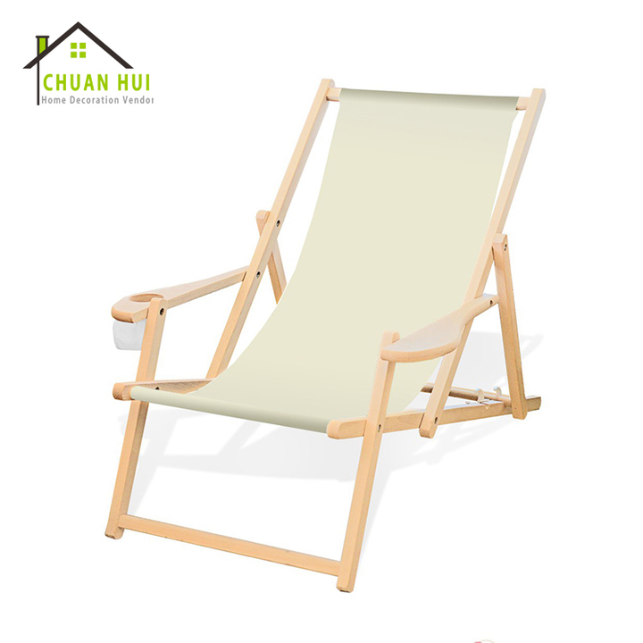 Customized Logo New Design Portable Garden Wood Deck Chair with Cup Holder Inexpensive Patio Beach Beer Party Sale