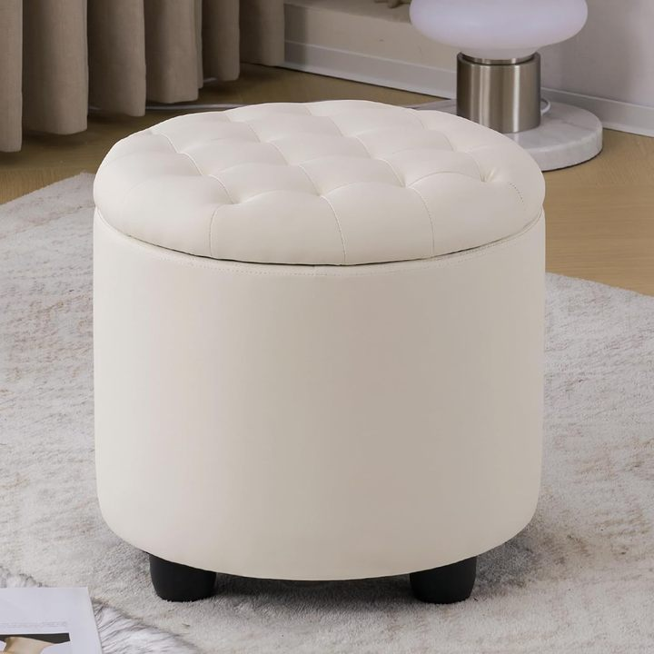 Upholstered Button Tufted Round Ottoman Storage Design with Removable Lid Ideal Footstool for Vanity Living Room