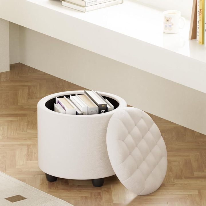 Upholstered Button Tufted Round Ottoman Storage Design with Removable Lid Ideal Footstool for Vanity Living Room