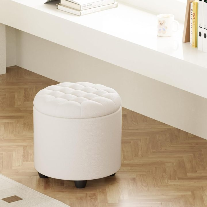 Upholstered Button Tufted Round Ottoman Storage Design with Removable Lid Ideal Footstool for Vanity Living Room
