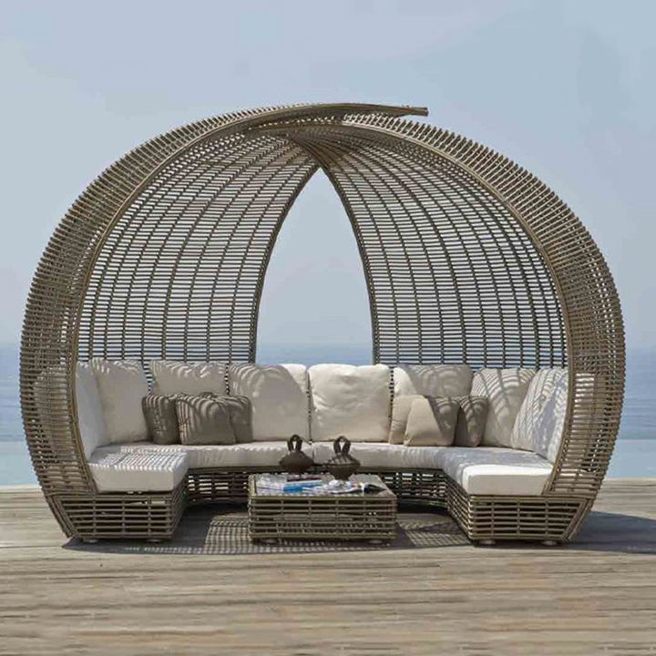All Weather PE Plastic Rattan Poolside Daybed Outdoor Garden Beach Hotel Patio Round Wicker Sunbed Lounger With Canopy