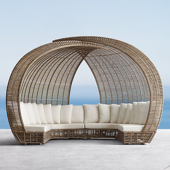 All Weather PE Plastic Rattan Poolside Daybed Outdoor Garden Beach Hotel Patio Round Wicker Sunbed Lounger With Canopy