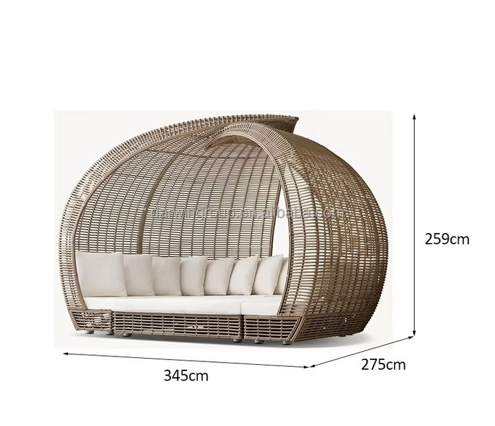 All Weather PE Plastic Rattan Poolside Daybed Outdoor Garden Beach Hotel Patio Round Wicker Sunbed Lounger With Canopy