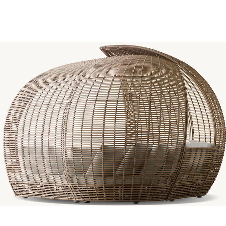 All Weather PE Plastic Rattan Poolside Daybed Outdoor Garden Beach Hotel Patio Round Wicker Sunbed Lounger With Canopy