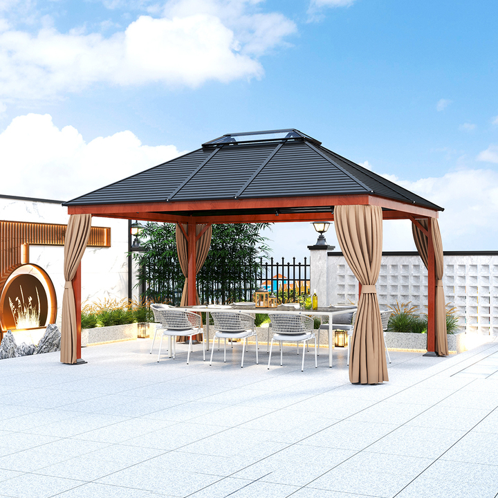 New Design Outdoor Garden Big Size Gazebo With Metal Roof Wooden Grain Color