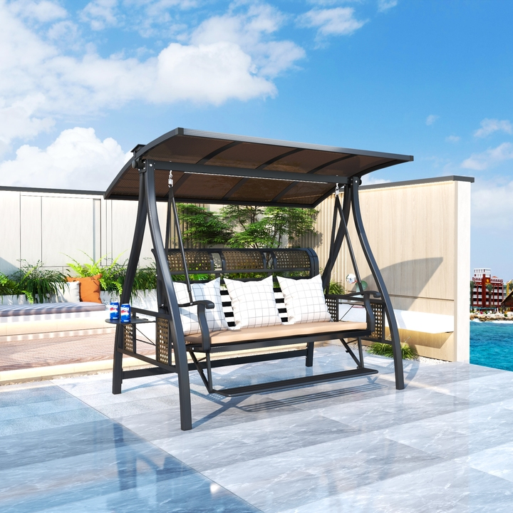 Patio Aluminum Outdoor PE Woven Rattan Swing Chair Three Seat / Two Seat for Garden Villa Courtyards Apartment Resort Beach