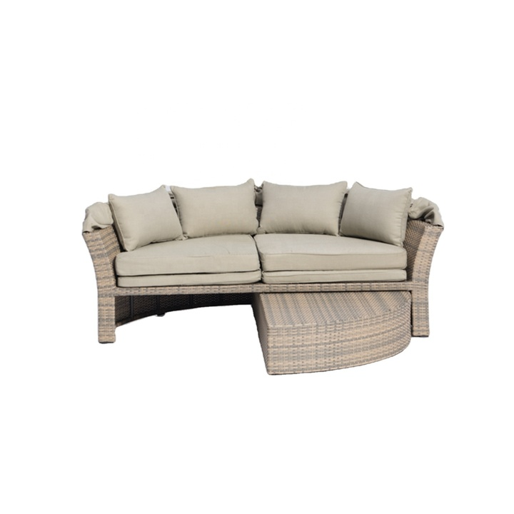 Garden Furniture Rattan Round Bed with Canopy Leisure Wicker Sunbed Daybed