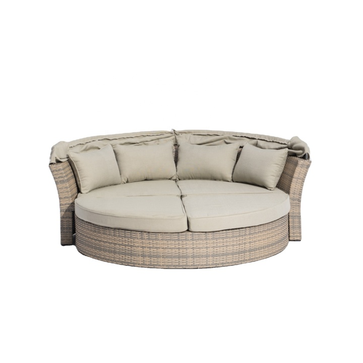 Garden Furniture Rattan Round Bed with Canopy Leisure Wicker Sunbed Daybed