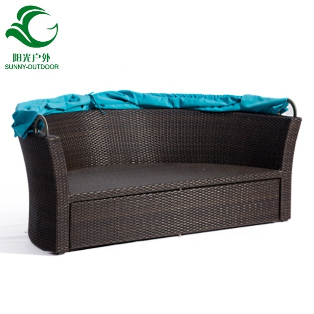 Garden Furniture Rattan Round Bed with Canopy Leisure Wicker Sunbed Daybed