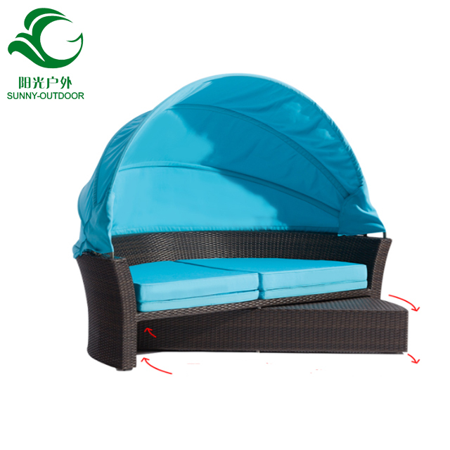 Garden Furniture Rattan Round Bed with Canopy Leisure Wicker Sunbed Daybed