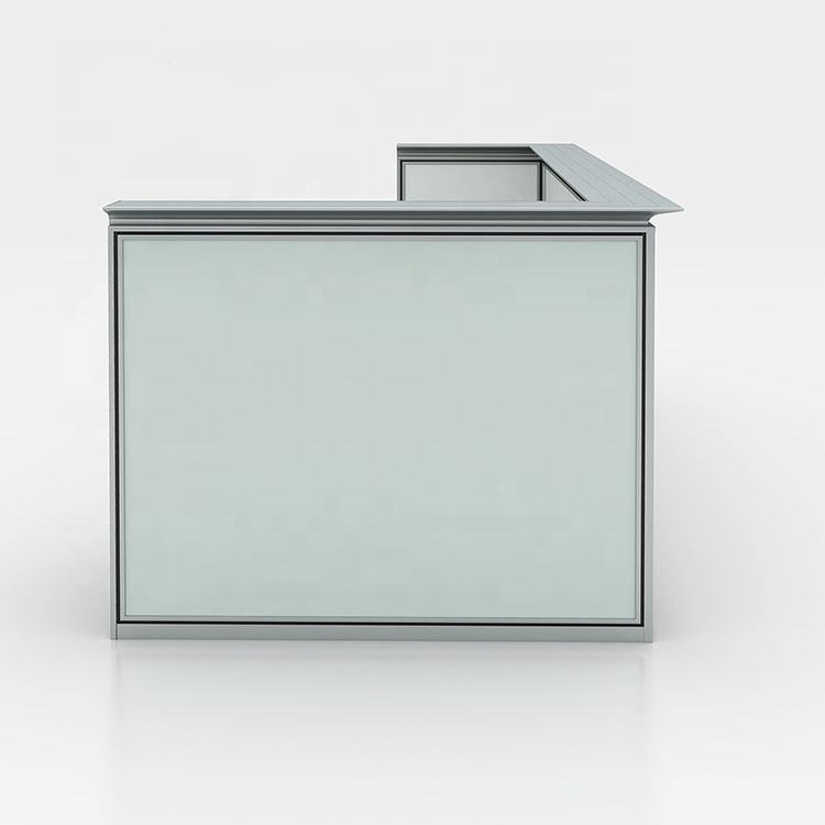 High Quality Aluminum Frame Glass Panel Standard Size l Shape Counter Salon Used Standing White Modern Office Reception Desk