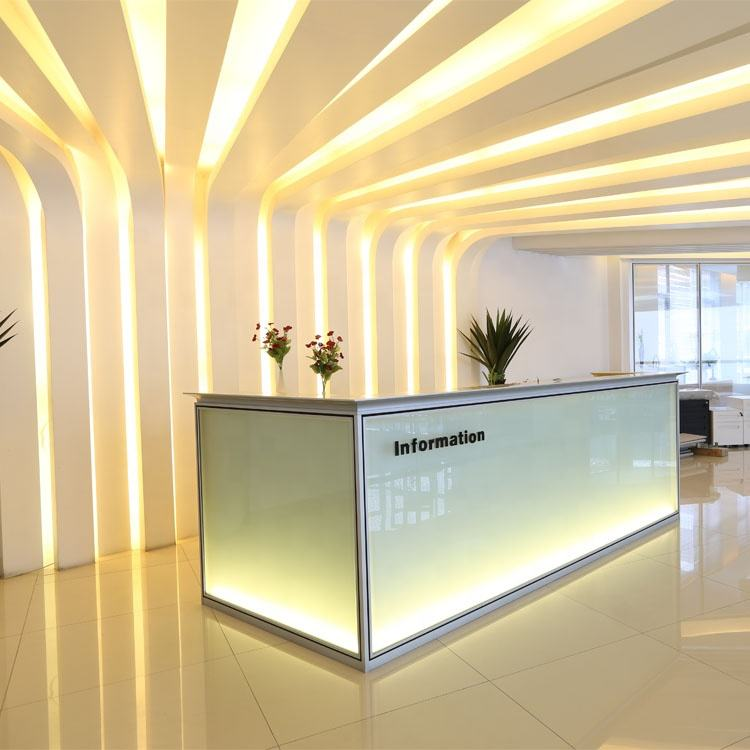 High Quality Aluminum Frame Glass Panel Standard Size l Shape Counter Salon Used Standing White Modern Office Reception Desk