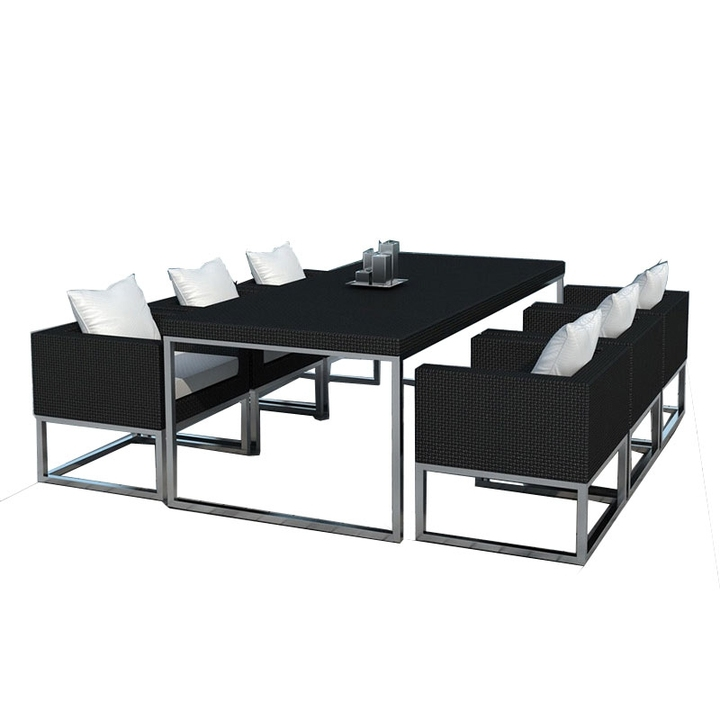 Outdoor Stainless Steel Rattan Woven Table with Six Chairs