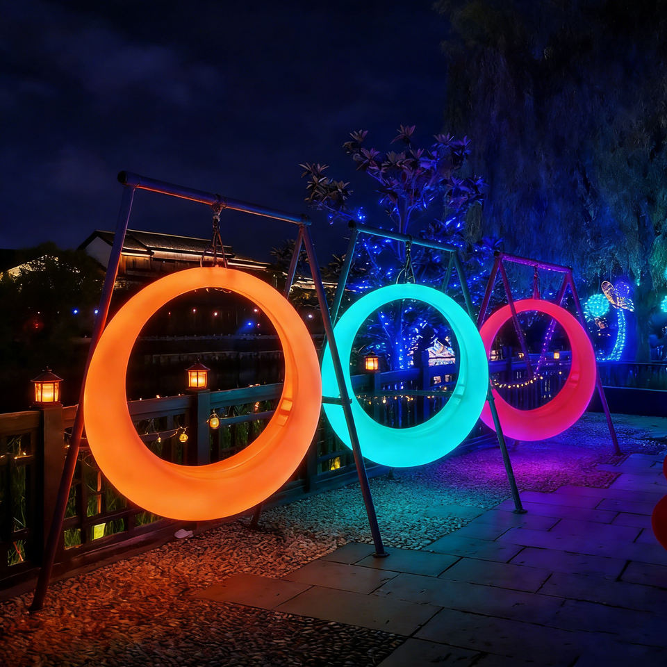 Modern LED Illuminated Plastic Swing Chair for Patio Garden Courtyard or Hotel Contemporary Style Hanging Swing Bench
