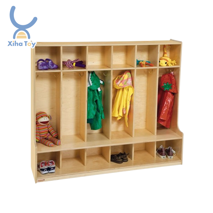 XIHA Preschool Furniture Wholesale Montessori Nursery Furniture Kindergarten Wooden Wall Mounted Coat Locker with 10 Cubbies
