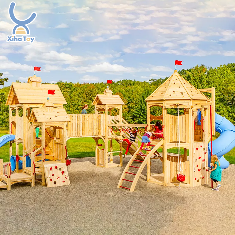 Outdoor Children Playground Equipment Set Wooden Montessori Kindergarten Naturally Kid-Friendly Playground With Stairs and Slide