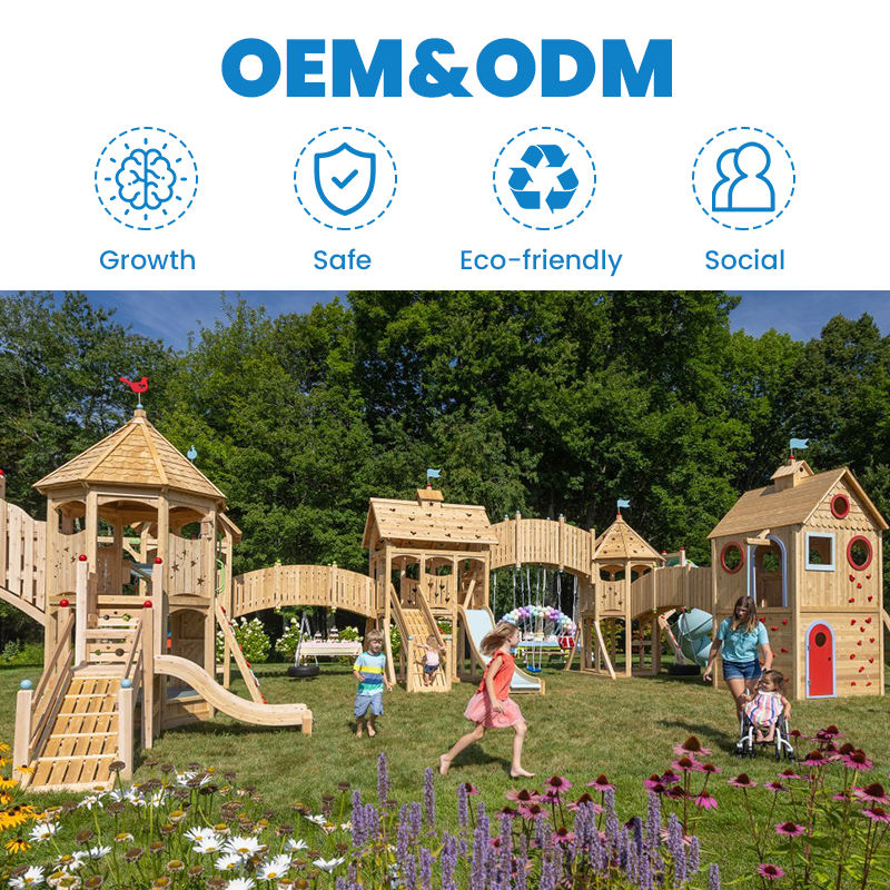 Outdoor Children Playground Equipment Set Wooden Montessori Kindergarten Naturally Kid-Friendly Playground With Stairs and Slide