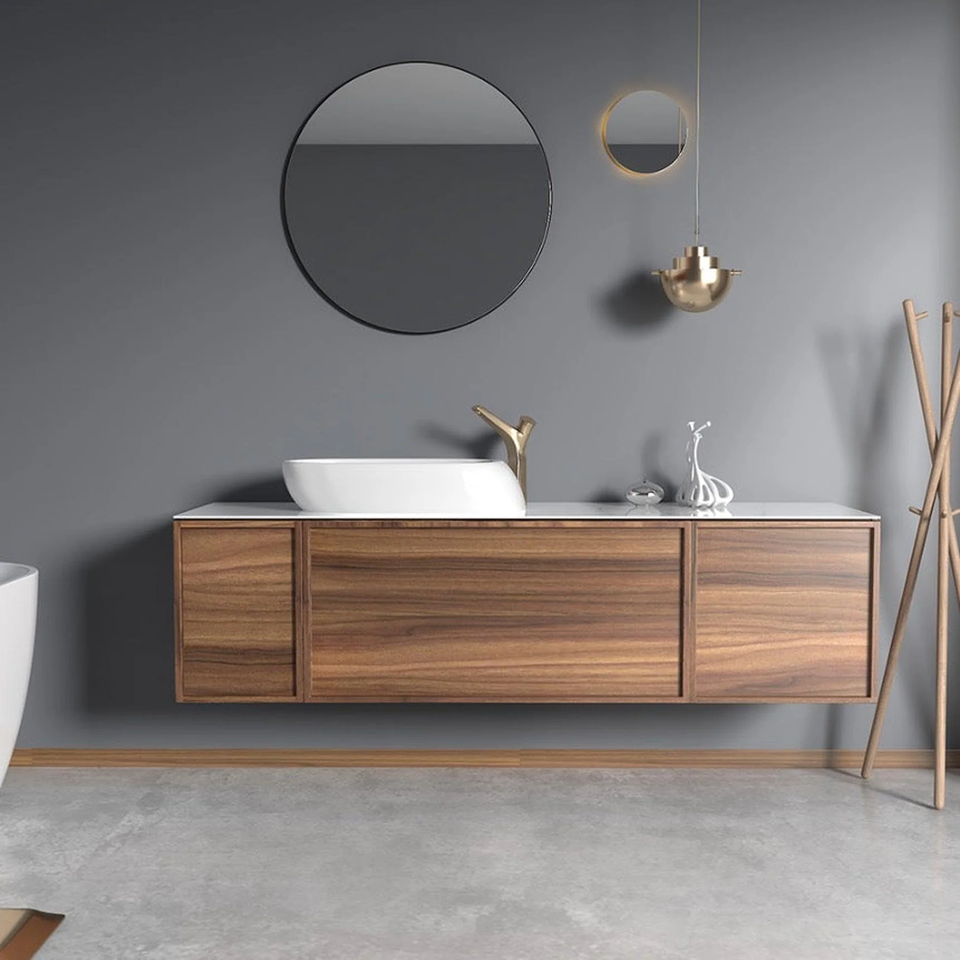 Modern Contemporary Design Natural Walnut Wood Veneer Finish Water Resistant Eco-Friendly Ceramic Bathroom Vanity LED Mirror