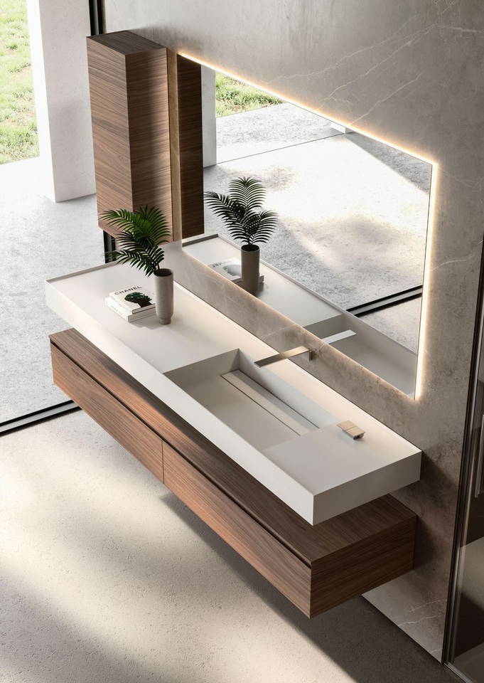 Modern Contemporary Design Natural Walnut Wood Veneer Finish Water Resistant Eco-Friendly Ceramic Bathroom Vanity LED Mirror