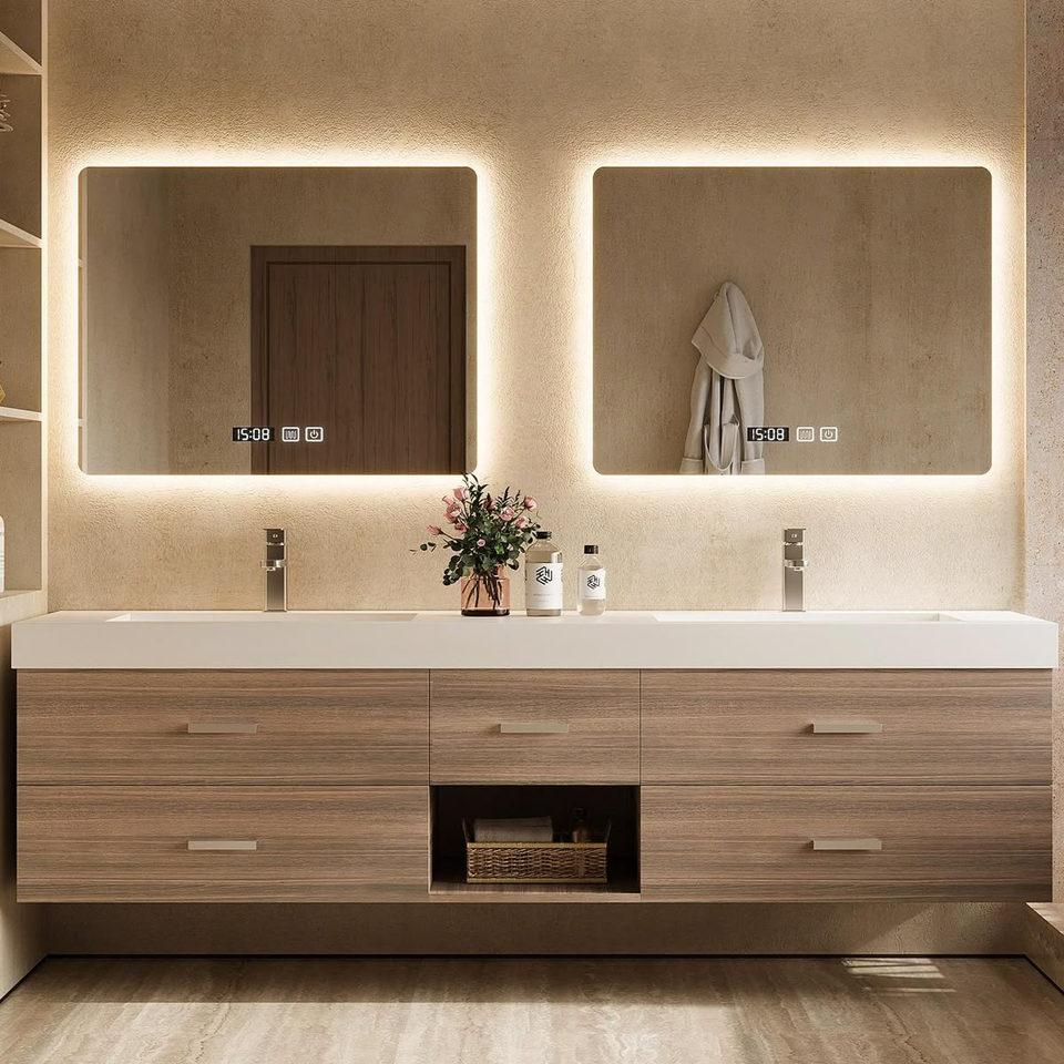 Modern Contemporary Design Natural Walnut Wood Veneer Finish Water Resistant Eco-Friendly Ceramic Bathroom Vanity LED Mirror