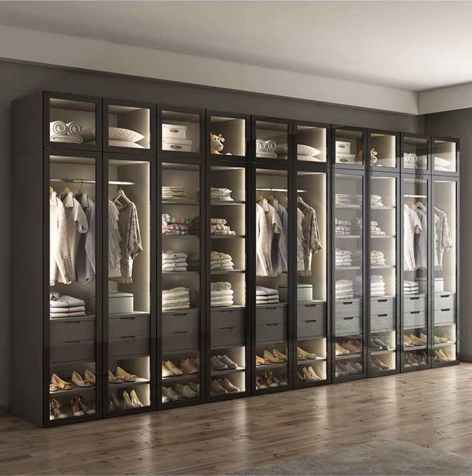 Modern Custom-Made Luxury MDF Glass Wardrobe Closet Adjustable Shelves Light Dining Bedroom Storage Furniture