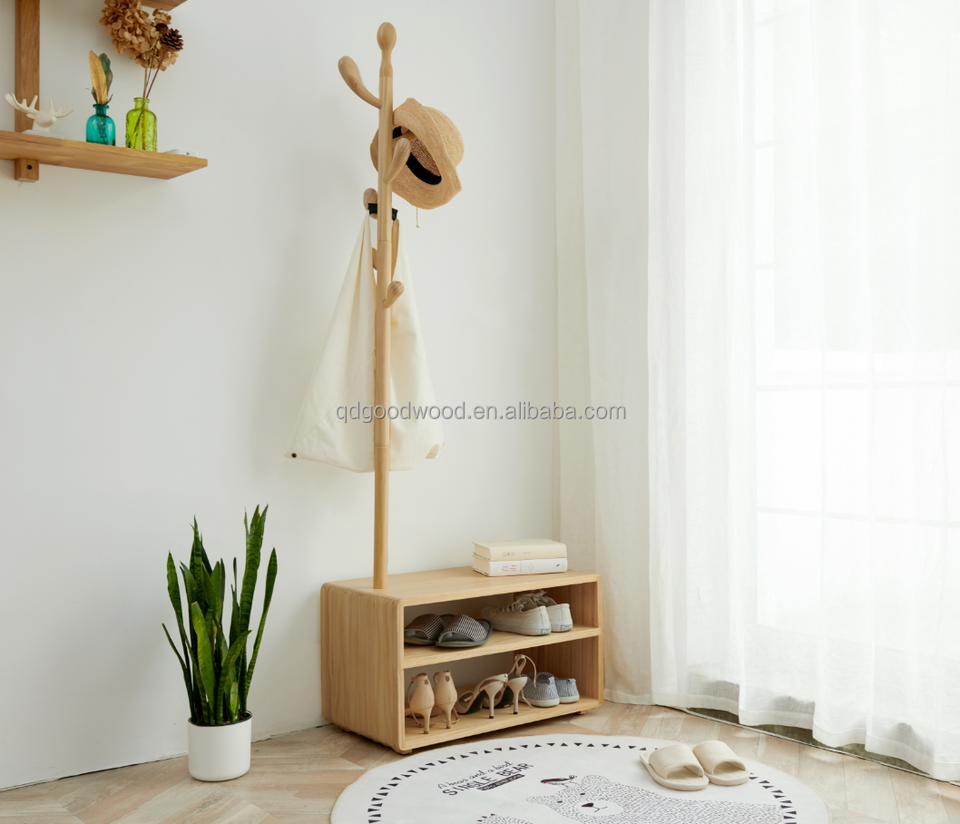 Contemporary Design Wooden Floor Standing Coat Rack with 6 Hooks Eco-Friendly Home Furniture for Bedroom & Living Room