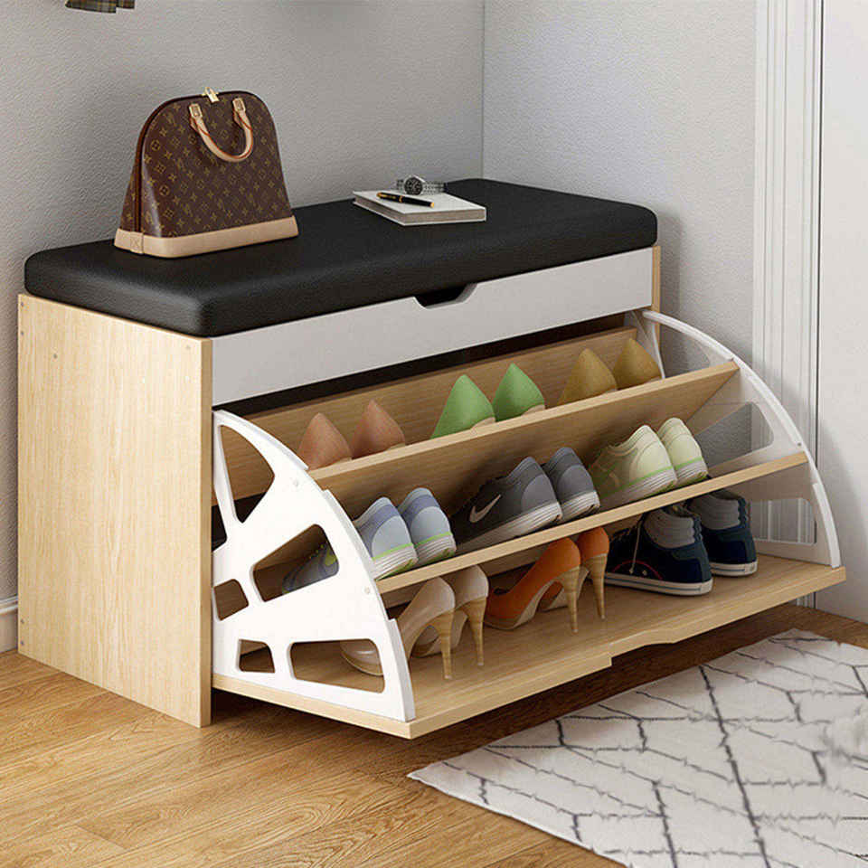 Modern Wooden Flip Shoe Cabinet Soft Padded Seat Storage Organizer Foldable Durable Eco-Friendly Home Furniture Space Saving 3