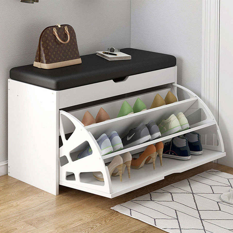 Modern Wooden Flip Shoe Cabinet Soft Padded Seat Storage Organizer Foldable Durable Eco-Friendly Home Furniture Space Saving 3