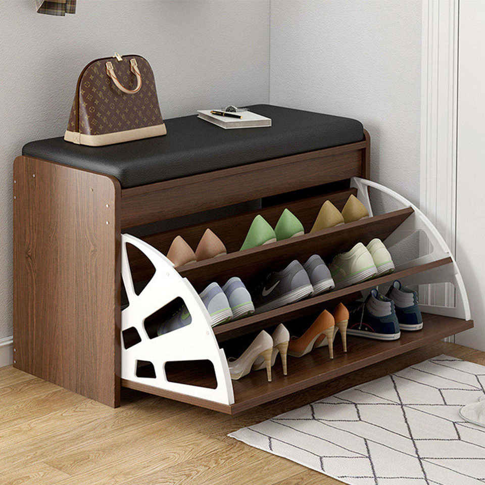 Modern Wooden Flip Shoe Cabinet Soft Padded Seat Storage Organizer Foldable Durable Eco-Friendly Home Furniture Space Saving 3
