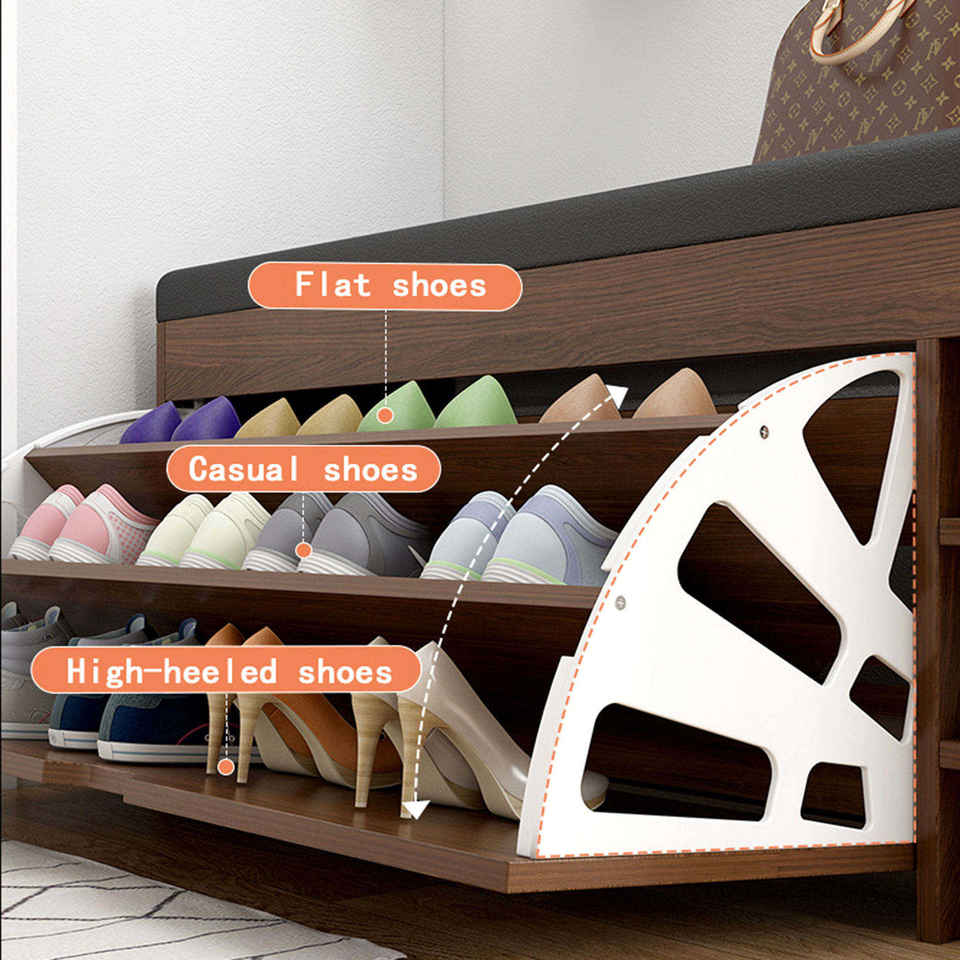 Modern Wooden Flip Shoe Cabinet Soft Padded Seat Storage Organizer Foldable Durable Eco-Friendly Home Furniture Space Saving 3