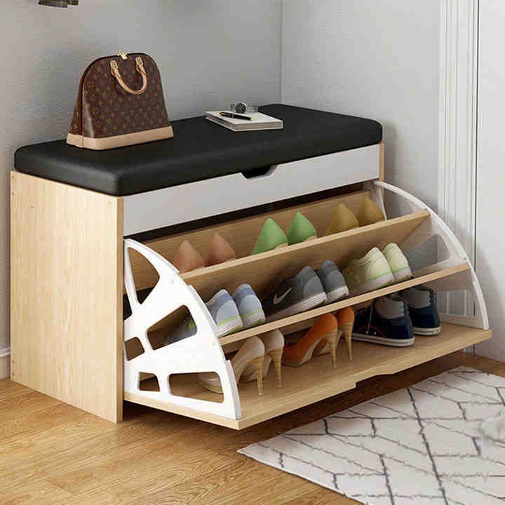 Modern Wooden Flip Shoe Cabinet Soft Padded Seat Storage Organizer Foldable Durable Eco-Friendly Home Furniture Space Saving 3
