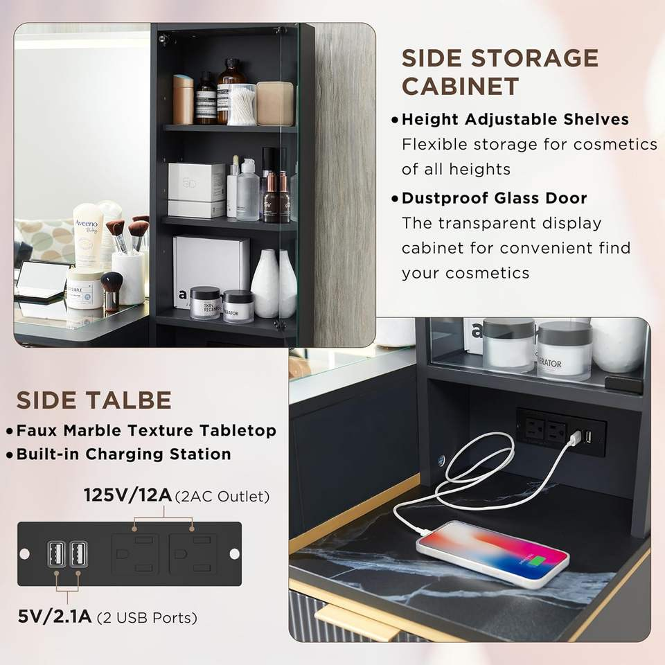 Makeup Vanity Desk with Lighted Mirror, Big Modern Vanity Desk with Mirror and Lights, Dressing Table with 5 Drawers & Shelves