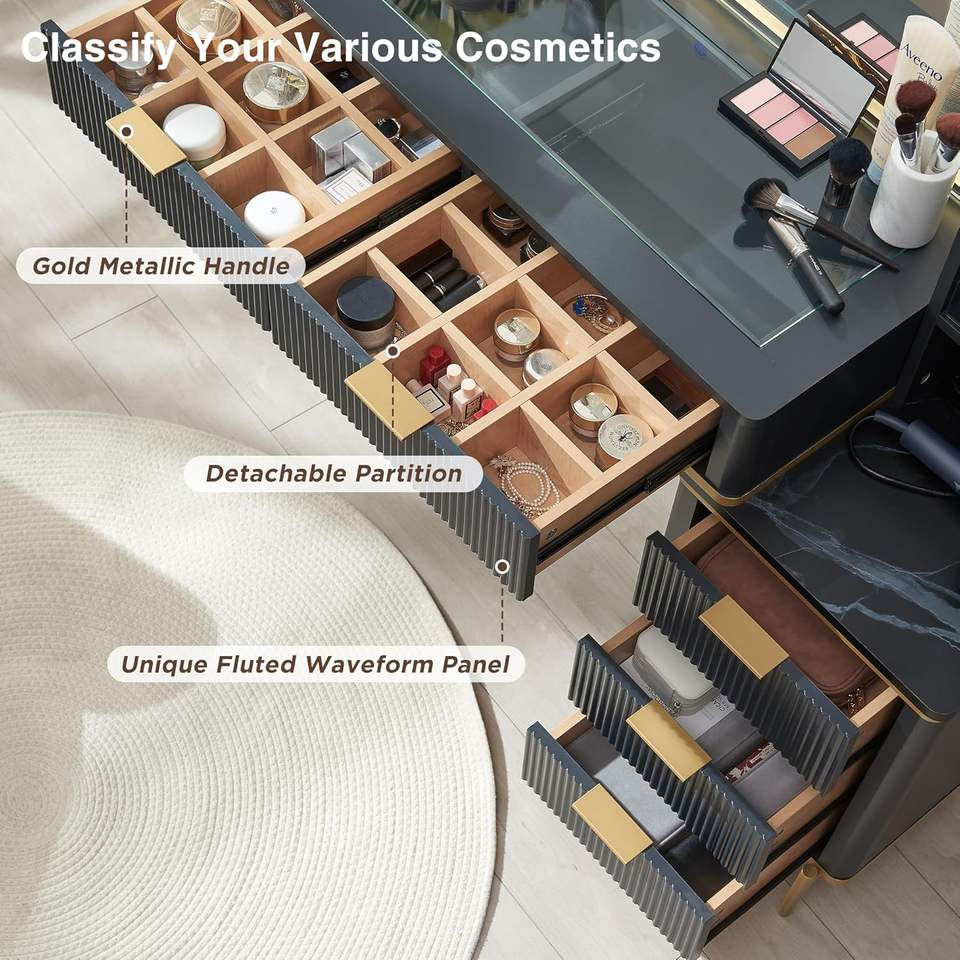 Makeup Vanity Desk with Lighted Mirror, Big Modern Vanity Desk with Mirror and Lights, Dressing Table with 5 Drawers & Shelves