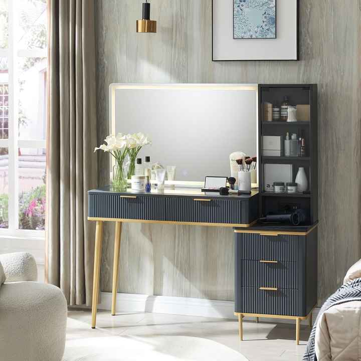 Makeup Vanity Desk with Lighted Mirror, Big Modern Vanity Desk with Mirror and Lights, Dressing Table with 5 Drawers & Shelves