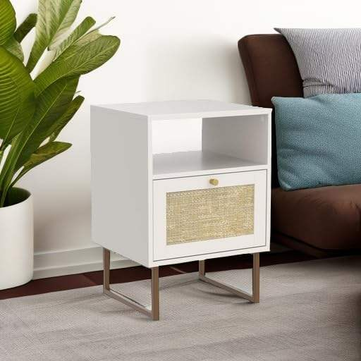 Rattan Nightstand,Modern Farmhouse Wood Bedside Table with Storage Drawer and Open Shelf,Small Gold Frame Side End Table