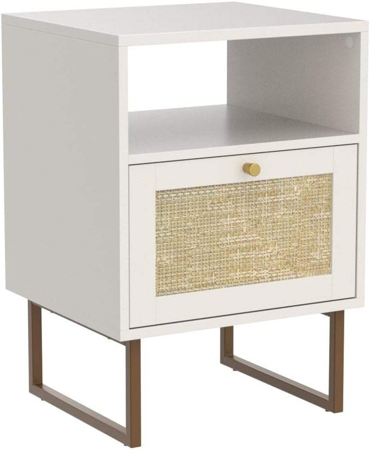 Rattan Nightstand,Modern Farmhouse Wood Bedside Table with Storage Drawer and Open Shelf,Small Gold Frame Side End Table