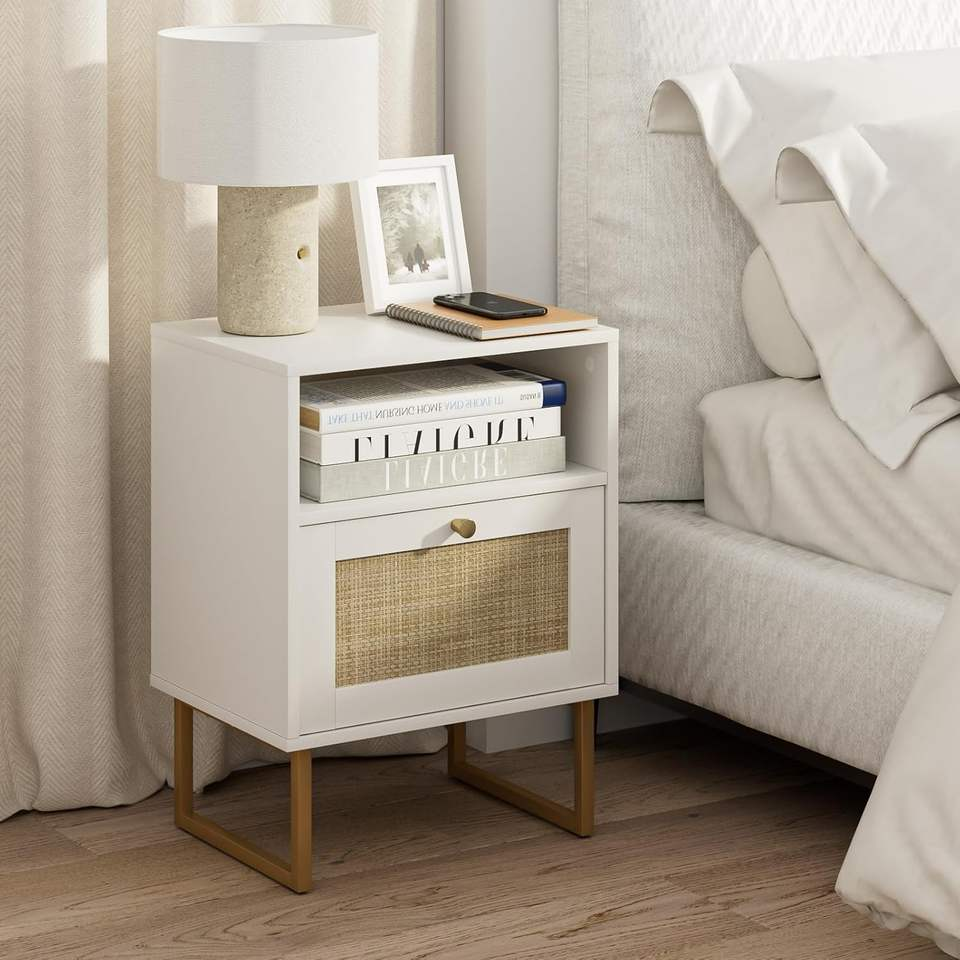 Rattan Nightstand,Modern Farmhouse Wood Bedside Table with Storage Drawer and Open Shelf,Small Gold Frame Side End Table