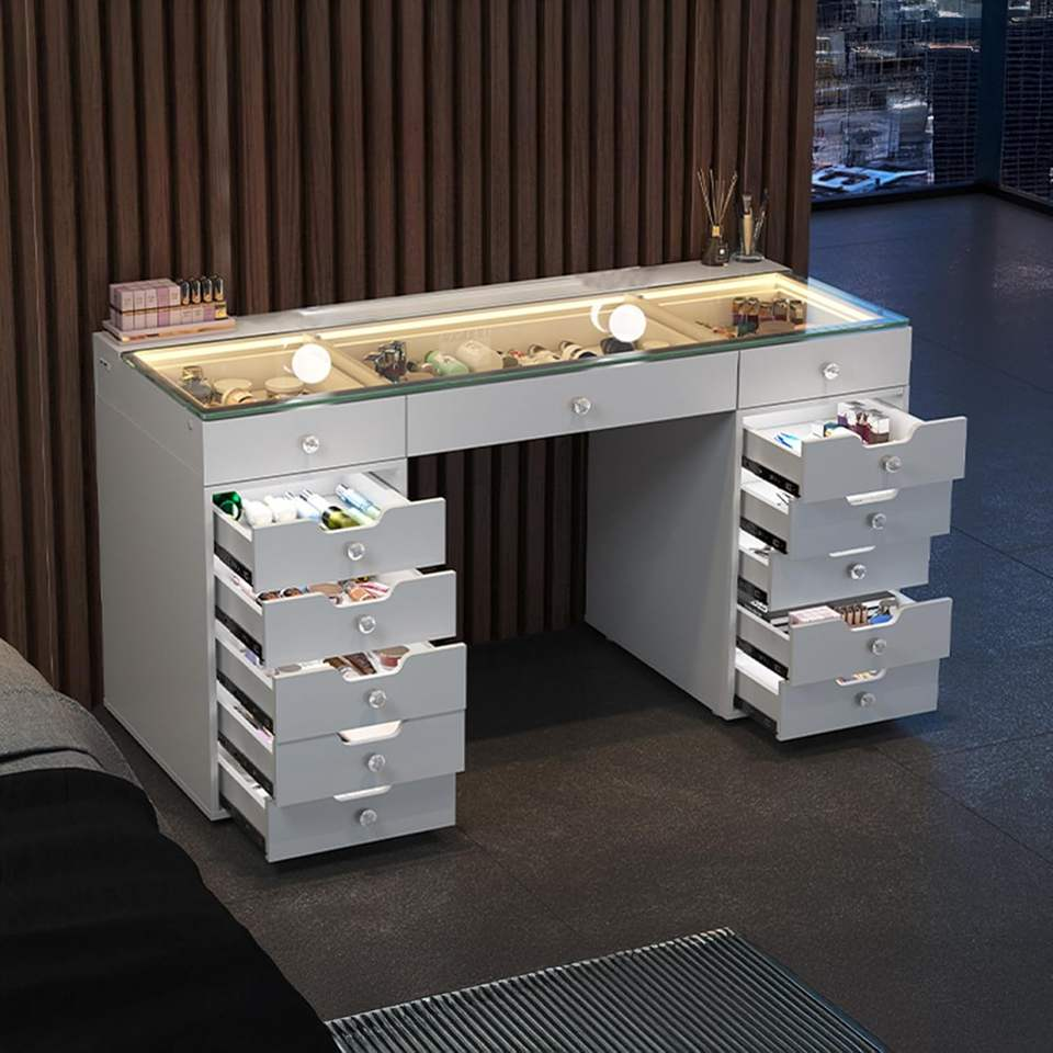 Makeup Vanity Desk with 13 Light up Drawers Large Vanity Table with Glass Top 3 Color Lighting Modes Bedroom Dressing Table