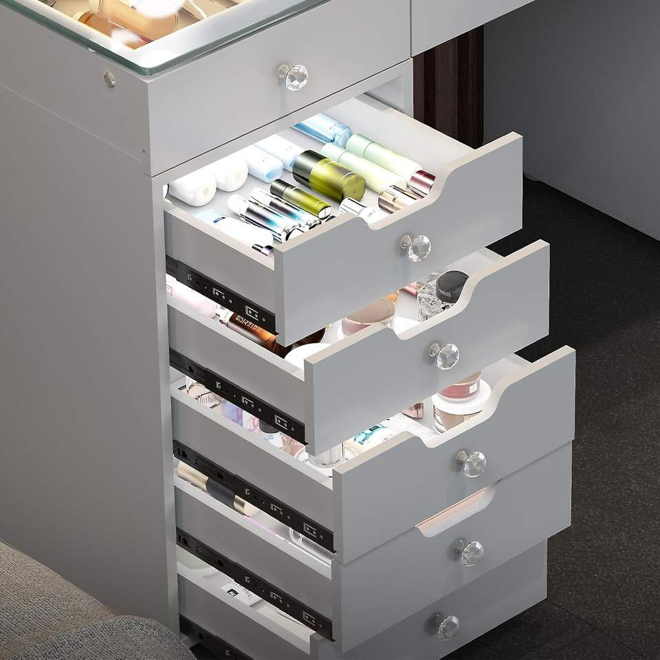 Makeup Vanity Desk with 13 Light up Drawers Large Vanity Table with Glass Top 3 Color Lighting Modes Bedroom Dressing Table