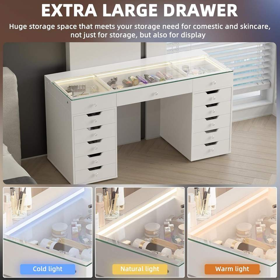Makeup Vanity Desk with 13 Light up Drawers Large Vanity Table with Glass Top 3 Color Lighting Modes Bedroom Dressing Table