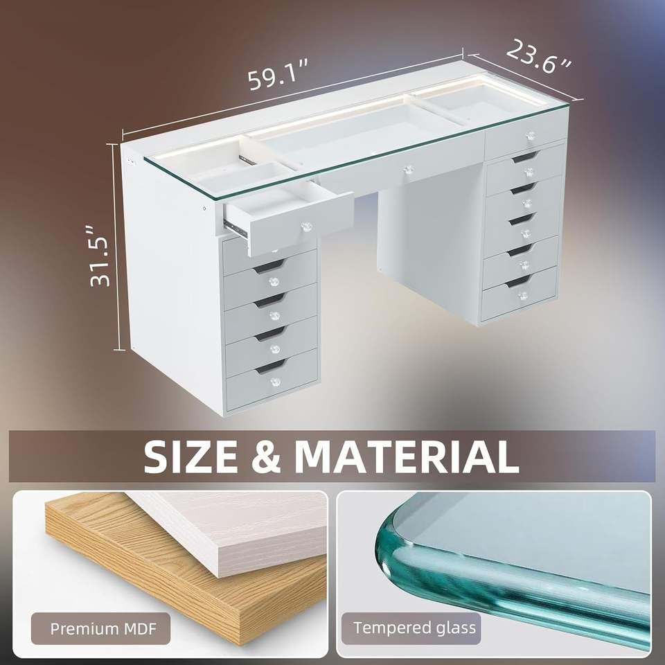 Makeup Vanity Desk with 13 Light up Drawers Large Vanity Table with Glass Top 3 Color Lighting Modes Bedroom Dressing Table