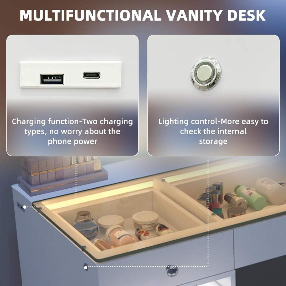 Makeup Vanity Desk with 13 Light up Drawers Large Vanity Table with Glass Top 3 Color Lighting Modes Bedroom Dressing Table