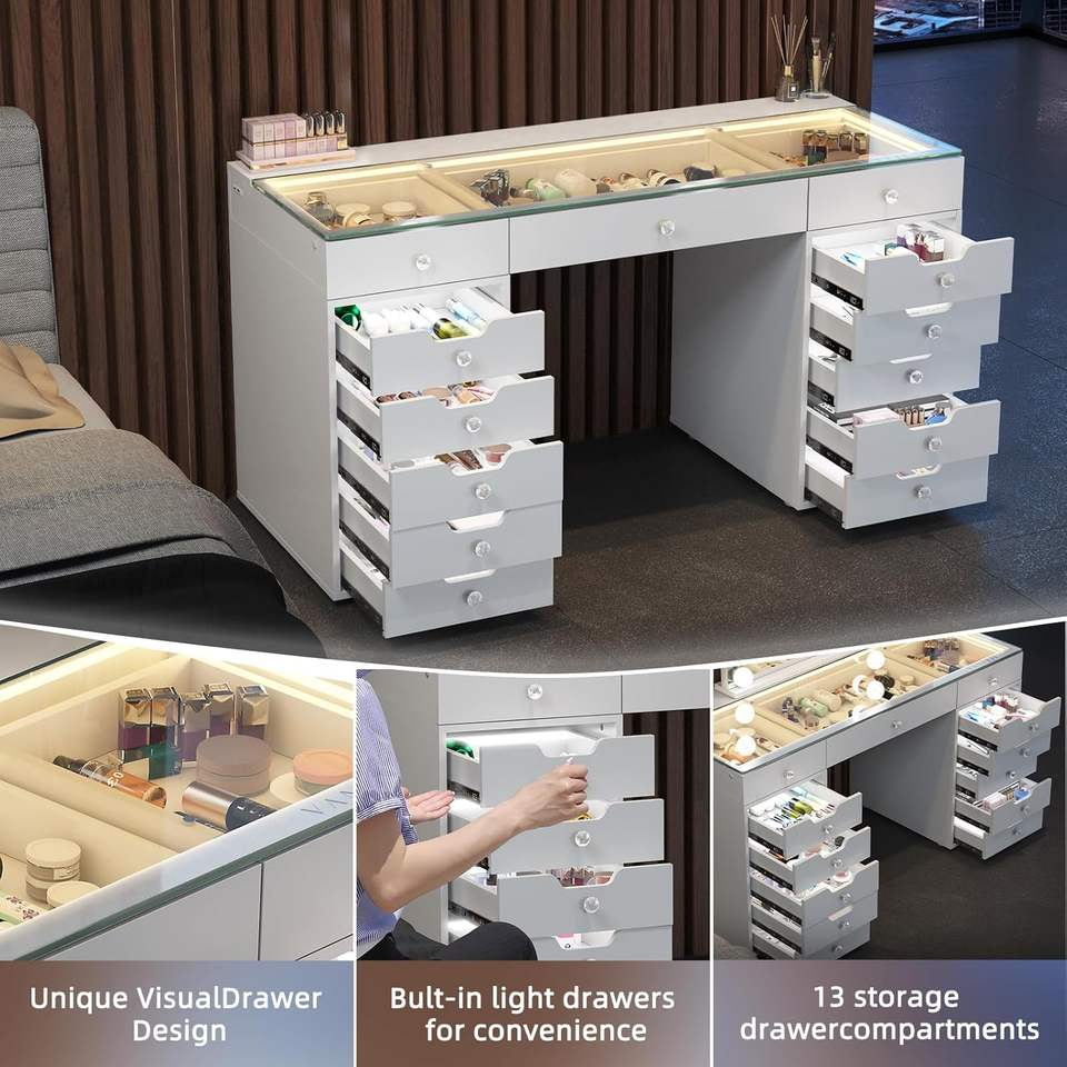 Makeup Vanity Desk with 13 Light up Drawers Large Vanity Table with Glass Top 3 Color Lighting Modes Bedroom Dressing Table
