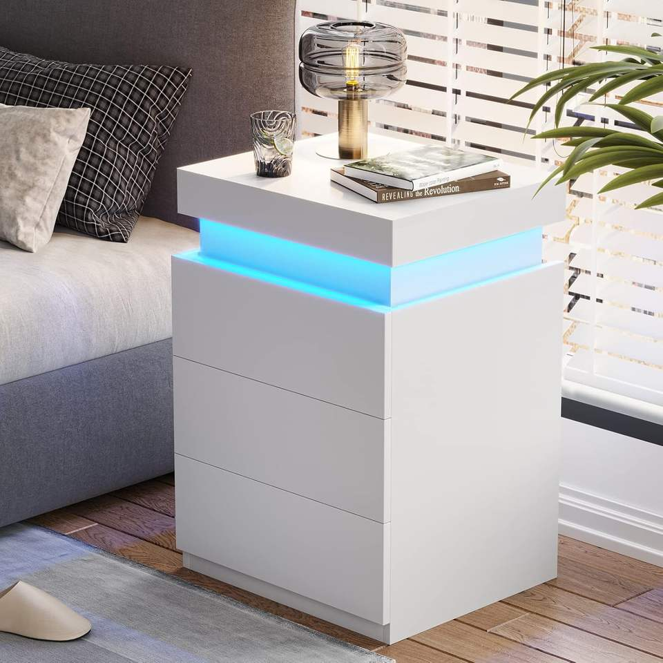 Nightstand with Charging Station and LED Lights,Night Stand with Sliding Top for Bedroom,Bedside Table with Drawers